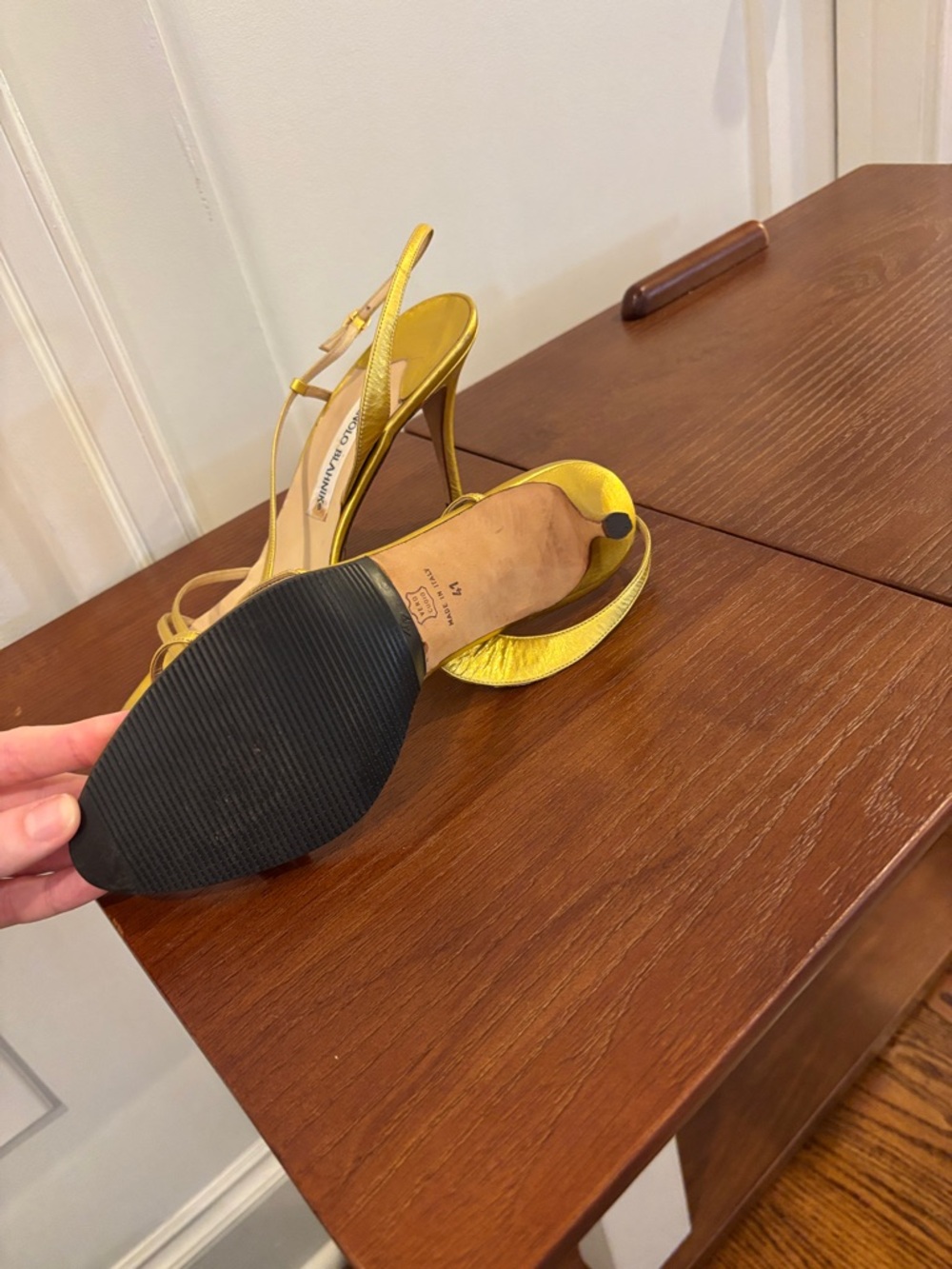 Manolo Blahnik Metallic Gold Strappy Slingback Heels - Picture 4 of 5